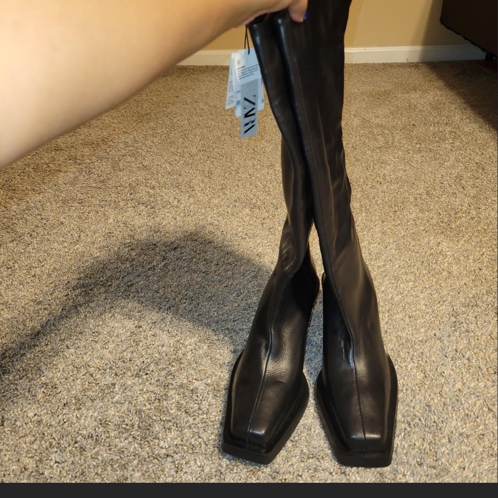 Zara Black Over-the-Knee Square-Toe Leather Boots